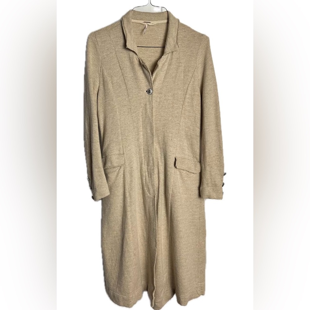 Free People Coat Wool Jacket Topper Long Boho Hippie Winter Button Tan Womens M